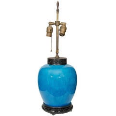 Vintage Turquoise Asian Lamp with Wood Base