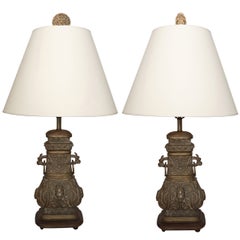 Pair of Bronze Chinese Lamps with Wood Bases
