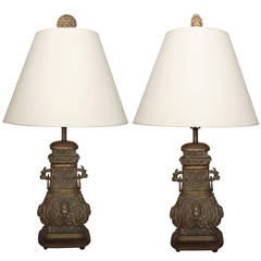Pair of Bronze Chinese Lamps with Wood Bases 2