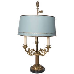 Ormolu and Black Marble Bouillotte Lamp with Blue Tole Shade