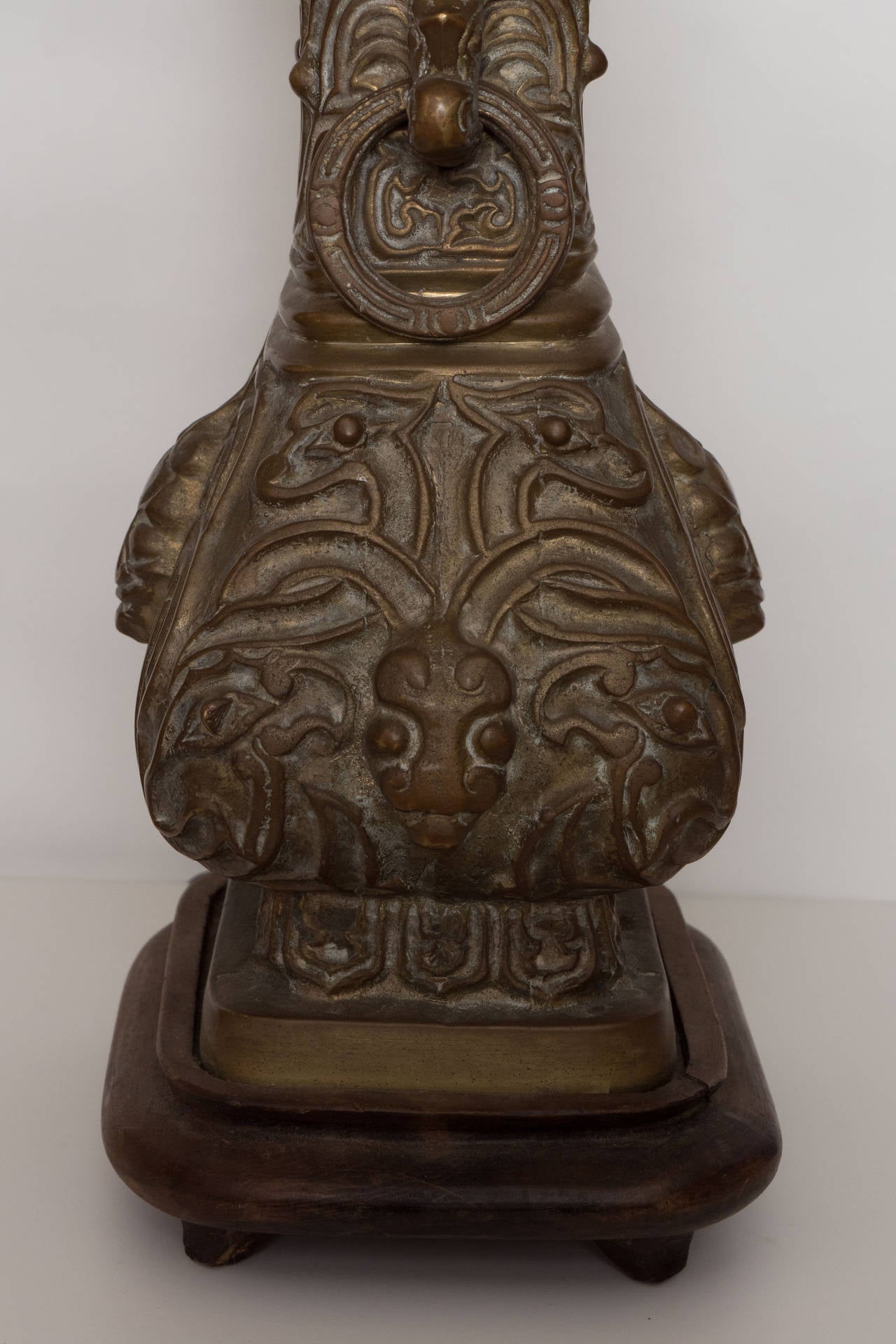 Pair of Bronze Chinese Lamps with Wood Bases