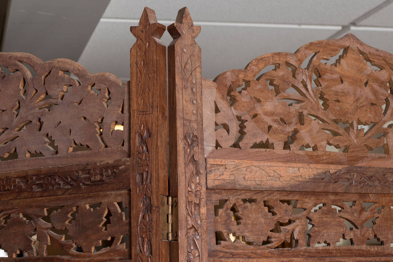 20th Century Ornate Four Panel Moroccan Wood Screen