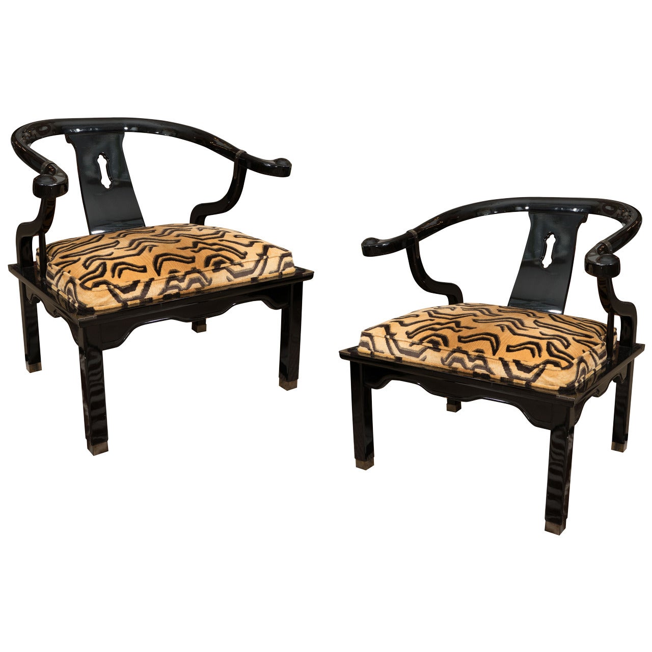 Pair of James Mont Style Asian Century Lacquered and Brass Low Chairs