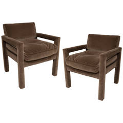 Pair of Chocolate Velvet Parsons Style Armchairs