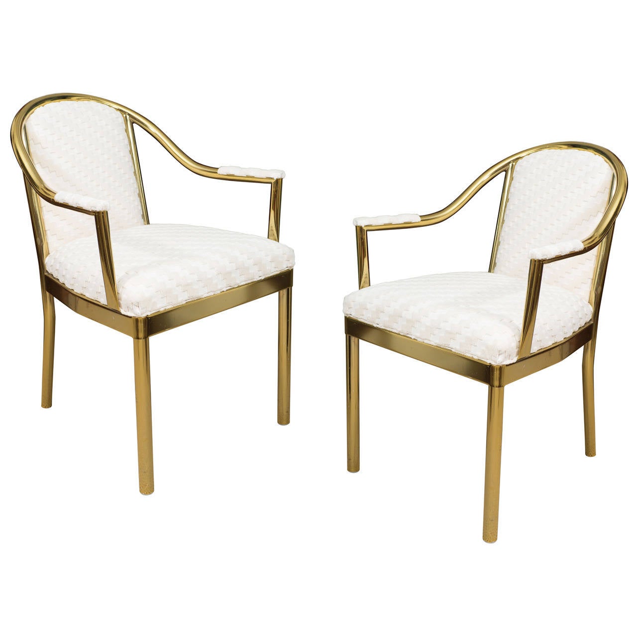 ONE Mid Century Brass Chair Newly Upholstered in Ivory Cut Velvet at