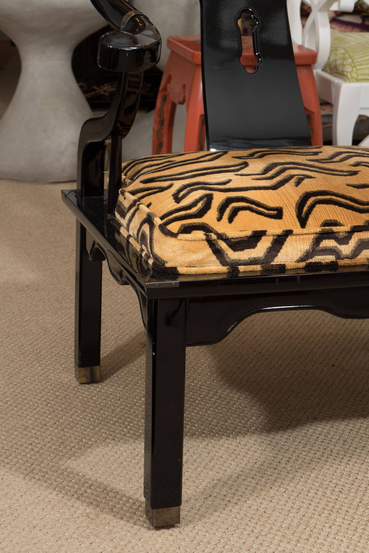 20th Century Pair of James Mont Style Asian Century Lacquered and Brass Low Chairs