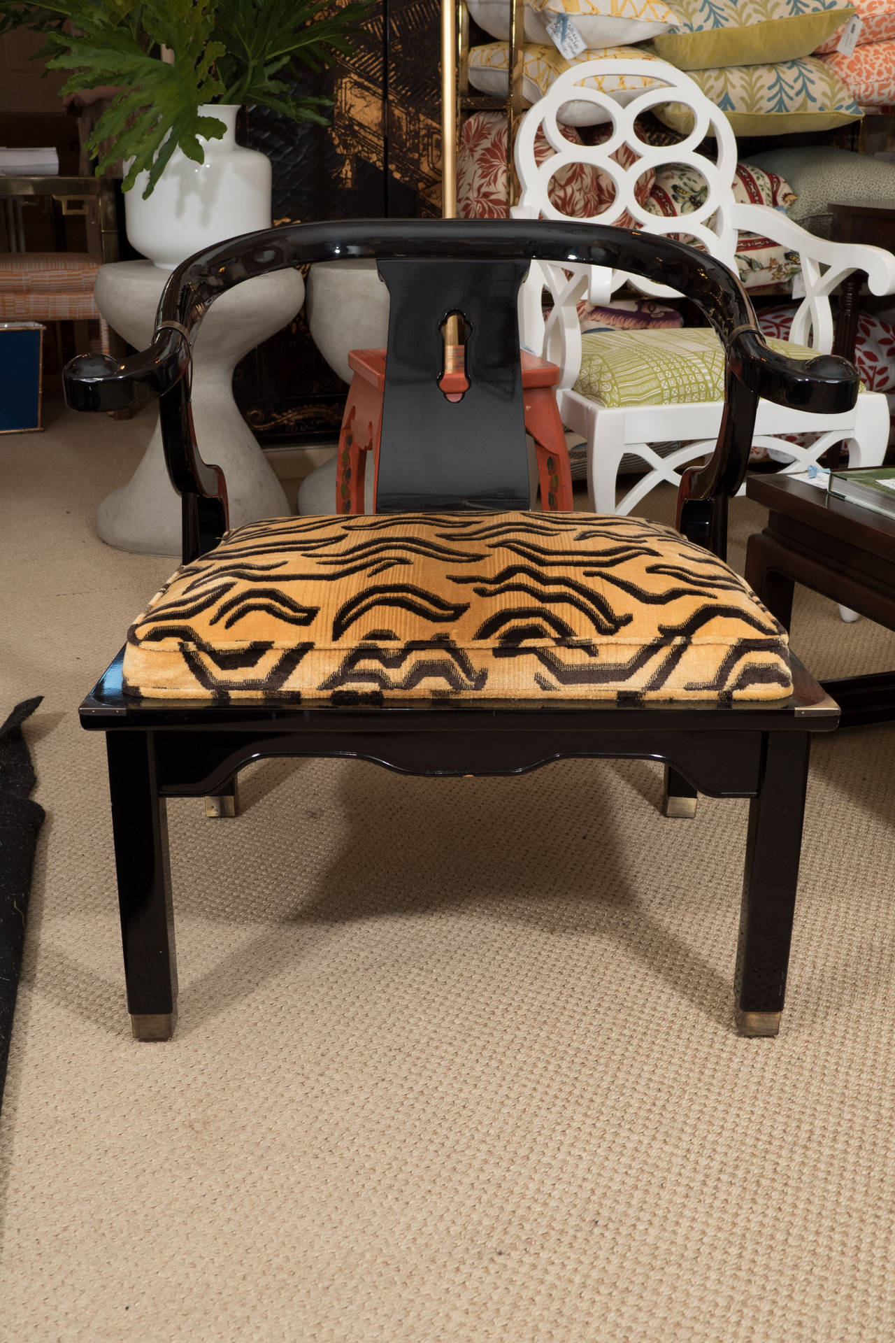 Pair of James Mont Style Asian Century Lacquered and Brass Low Chairs 1