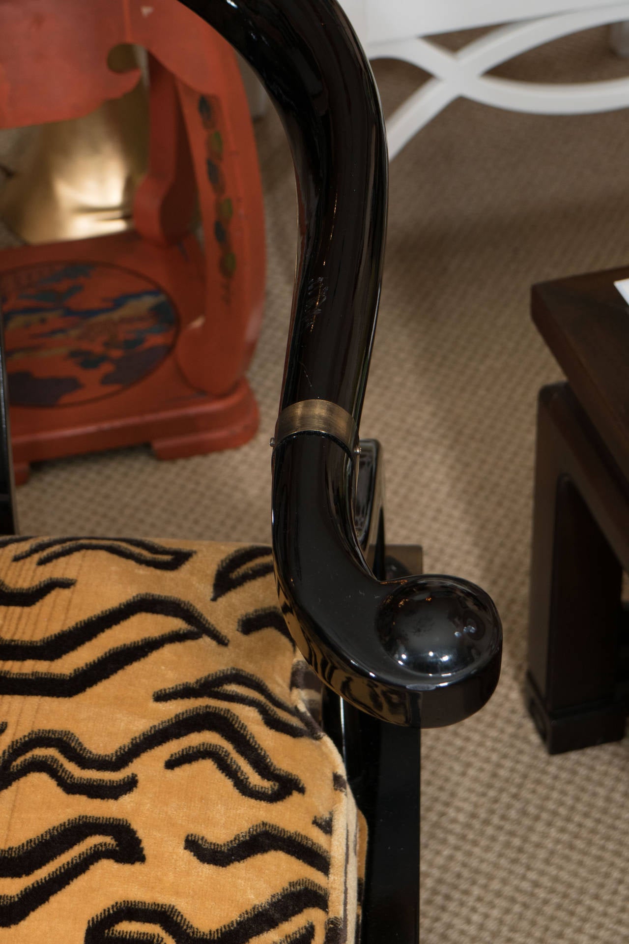 Pair of James Mont Style Asian Century Lacquered and Brass Low Chairs 2