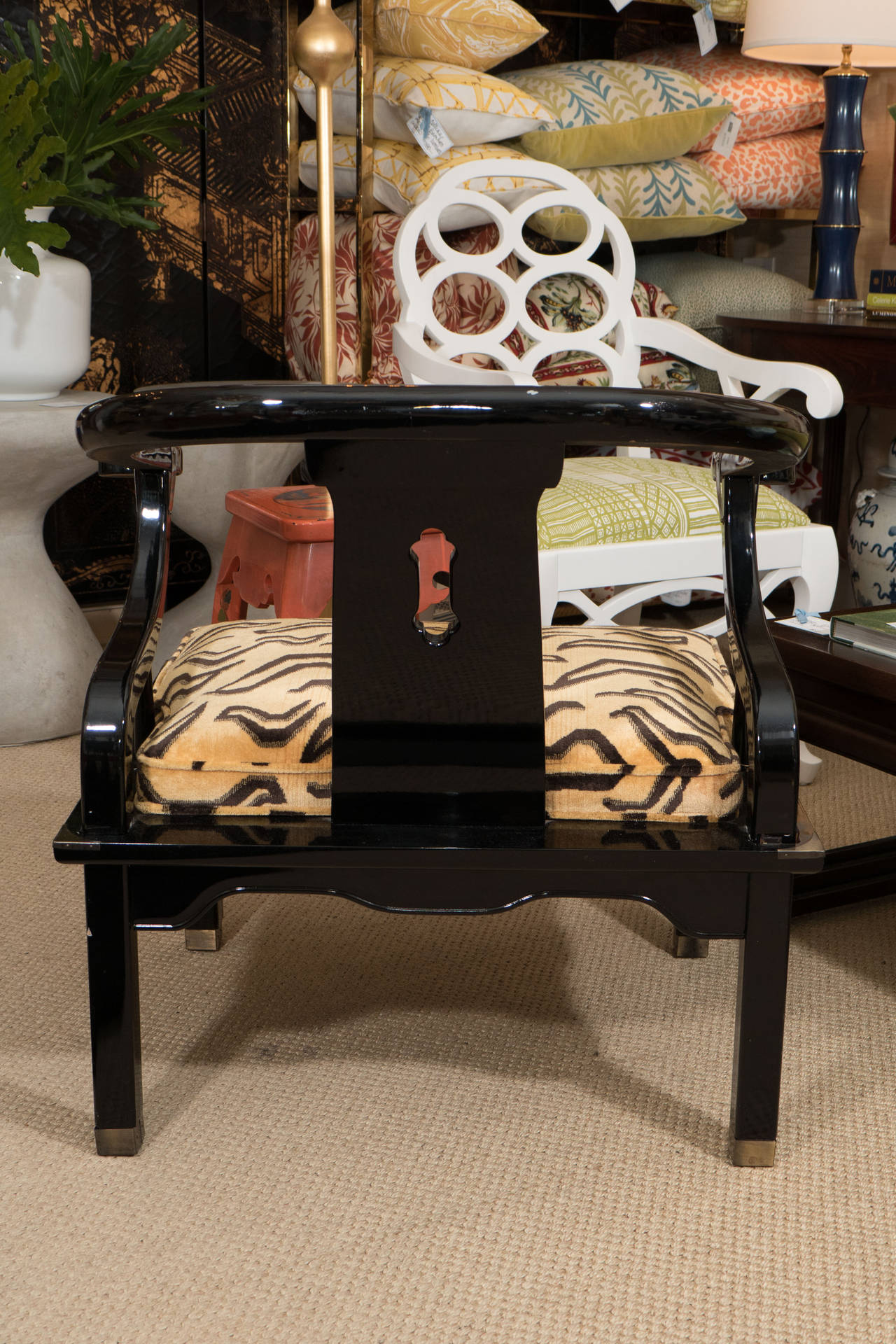 Pair of James Mont Style Asian Century Lacquered and Brass Low Chairs 6