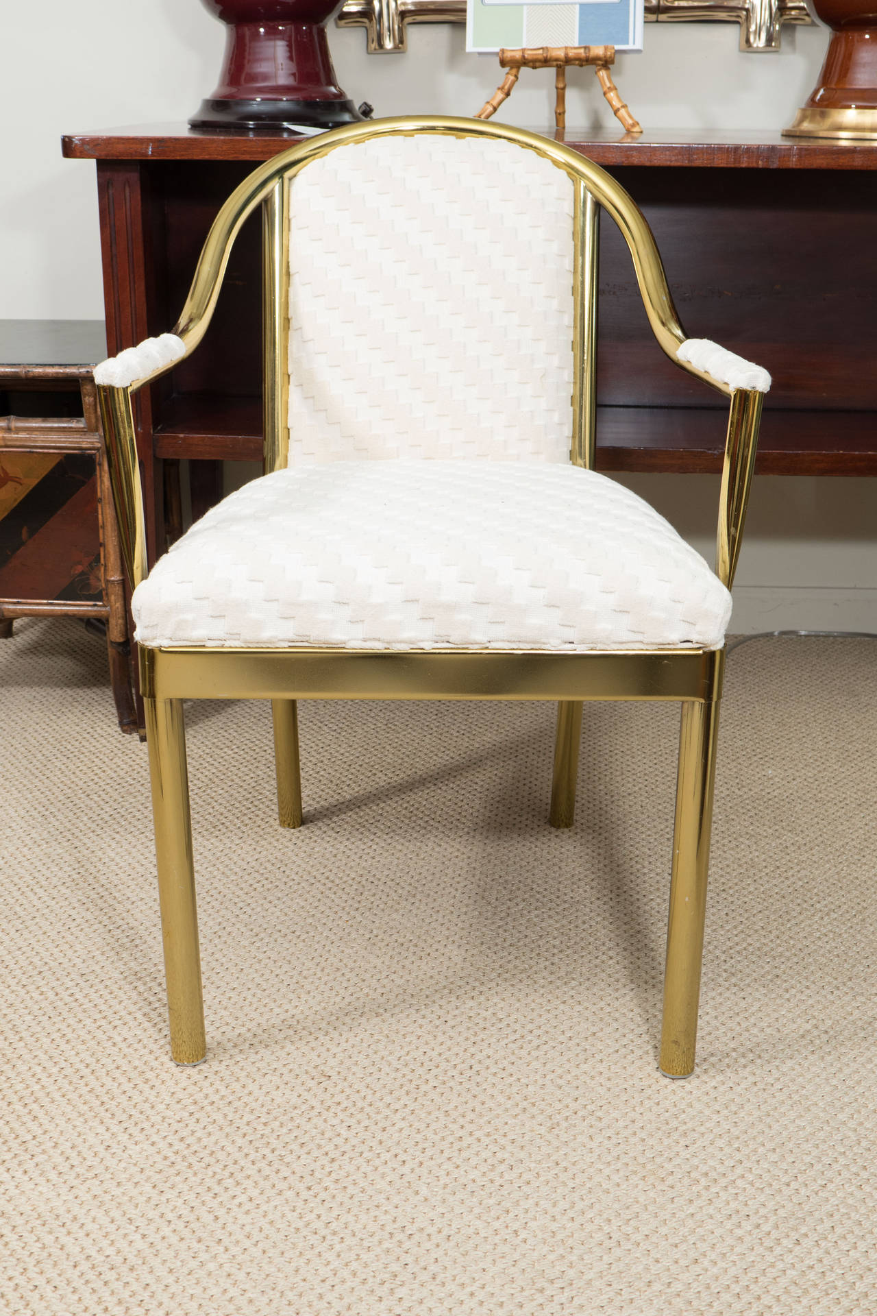 ONE Mid Century Brass Chair Newly Upholstered in Ivory Cut Velvet at