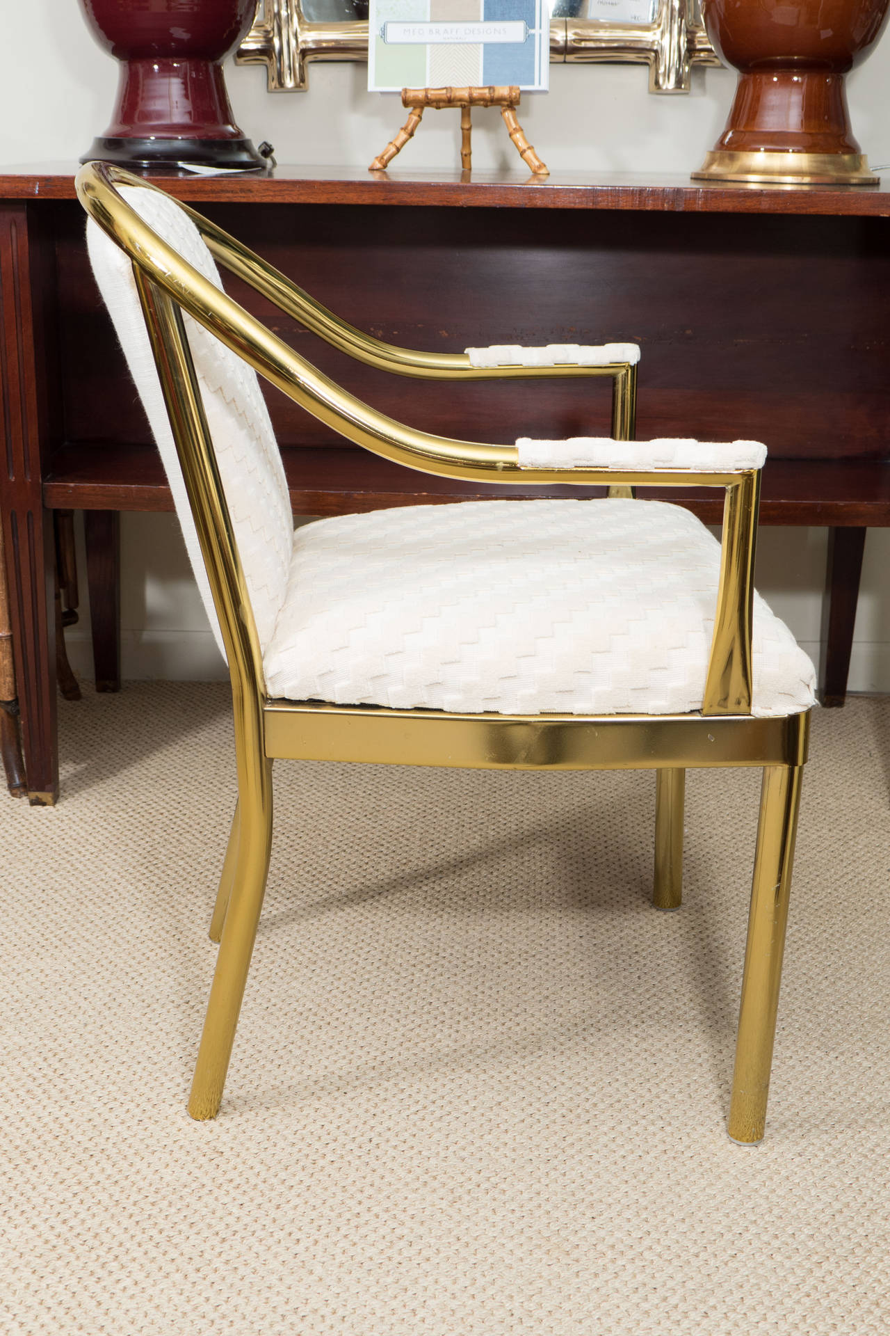 ONE Mid Century Brass Chair Newly Upholstered in Ivory Cut Velvet at