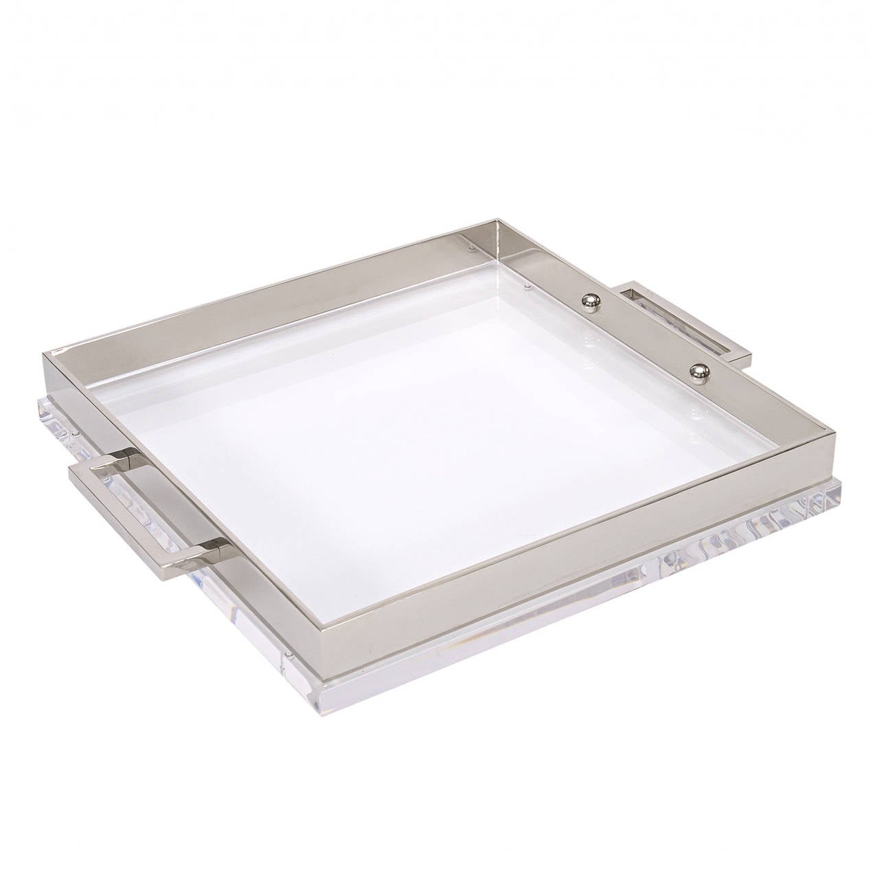 Beautiful tray.
Pure acrylic and polished nickel.
Additional sizes available and also custom.
Designed by Michael Dawkins (dims include handles.)