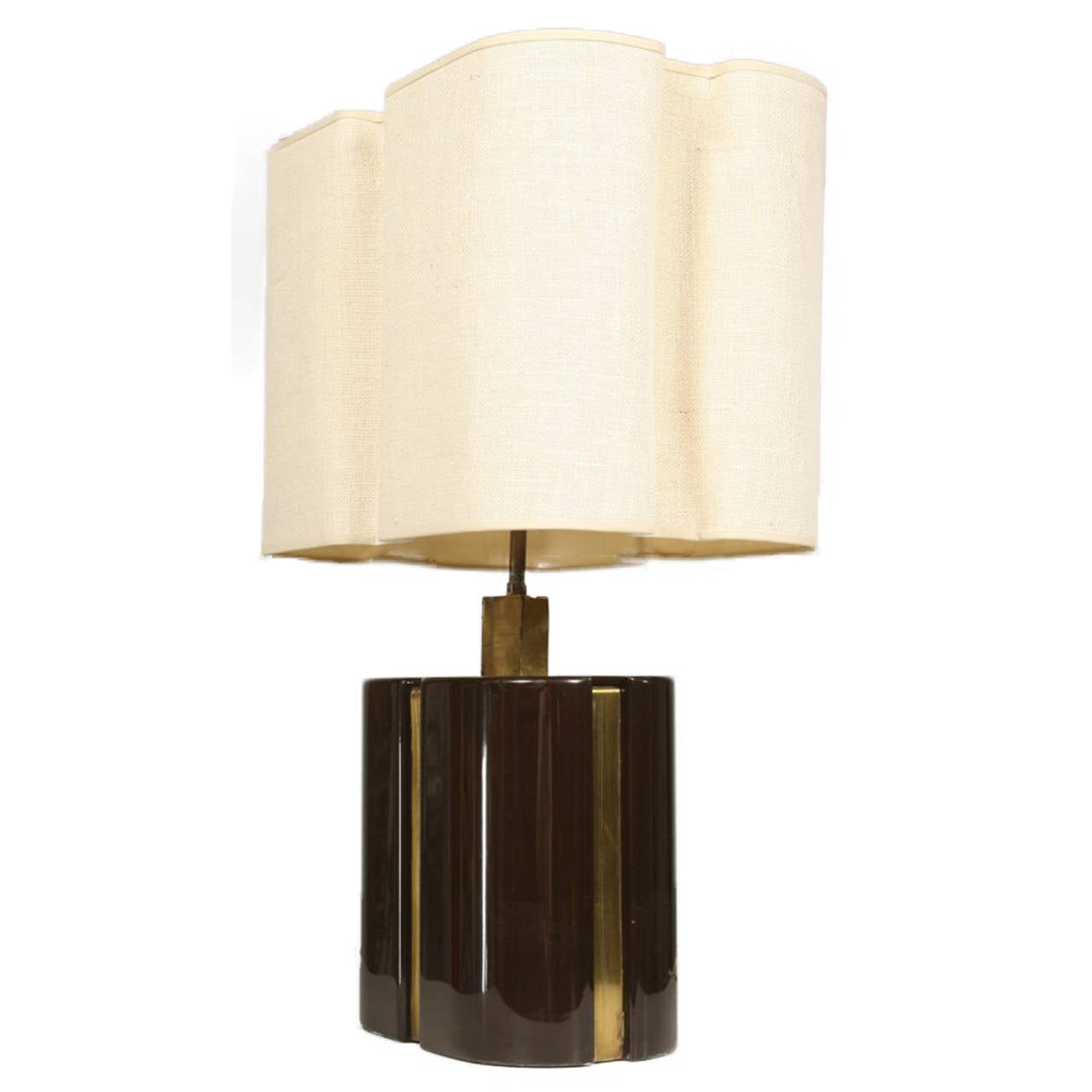 Deep bronze tone high-gloss ceramic base with brass underlay table lamp. Shade is authentic to the lamp and features a neutral beige linen on a custom shape that's fitted to the base.