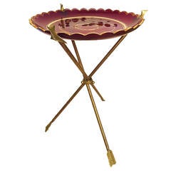 Vintage Ruby Glass Dish on Brass Arrow Pedestal Base