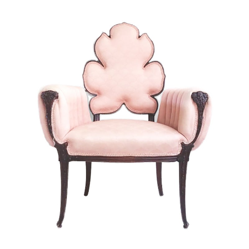 pair of beautiful hollywood regency era acorn shaped hand-carved mahogany chairs with blush pink upholstery (likely original to chair).  comfortable reading chair and a great accent piece for any room.