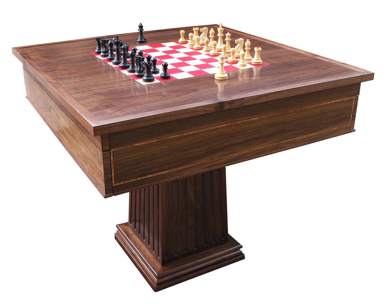 A beautiful wood table with leather inlays belies its hidden treasures of eight classic games: chess, backgammon, bridge, poker, dominoes, poker dice, roulette and checkers.

We specialize in custom commissions.
Custom materials, finishes and