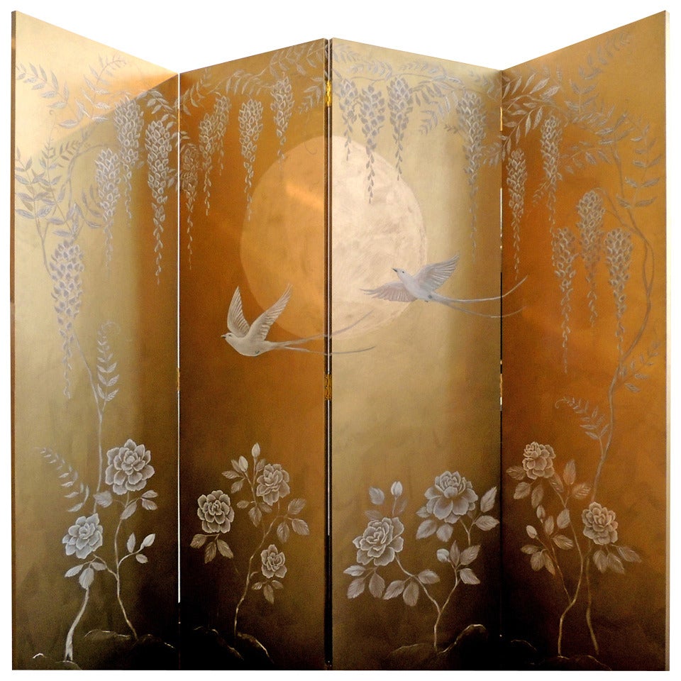 Moonlight Screen with a Scene of Lyrical Birds and Luscious Roses  For Sale