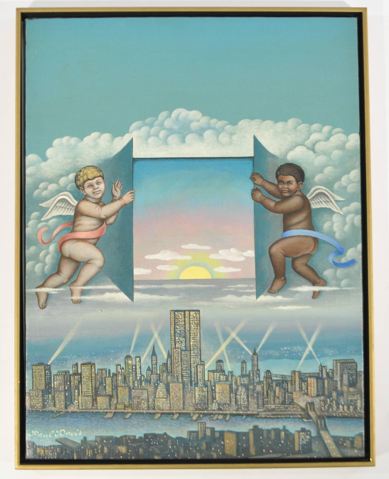 A fantastic oil on canvas with a strong sense of imagery. Featuring two angels opening up the sunrise over Manhattan with spotlights searching the skies above. The piece is signed Paul Davis to the lower left.

Paul Davis (American, b. 1938) is an