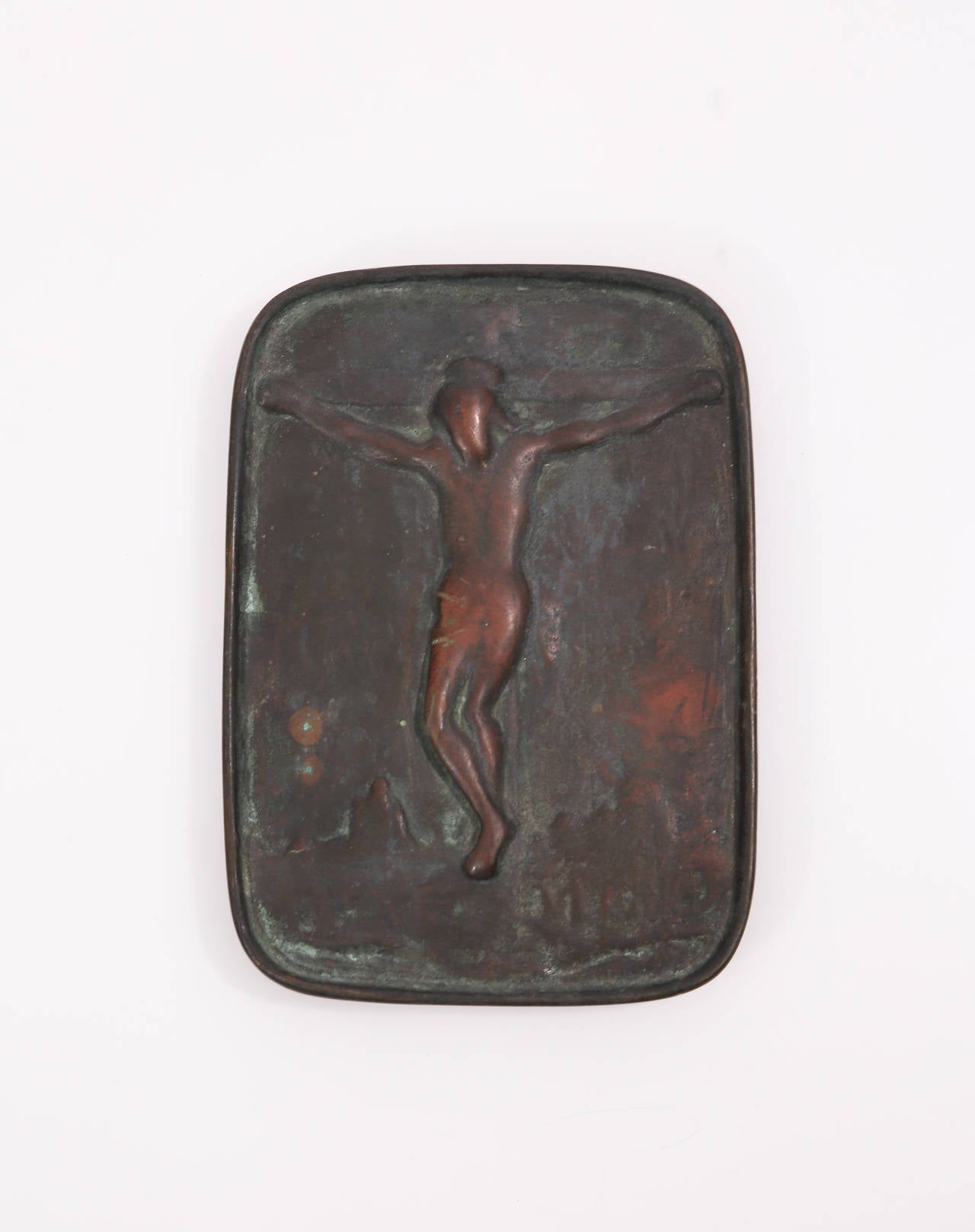 From the Edo Period, a bronze cast fumi-e depicting the Crucifixion of Jesus Christ with a city in the lower background.  Japanese inscription to the back in two places.

Dimensions: H 7.2