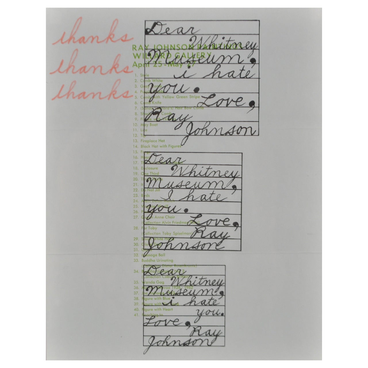 Ray Johnson, Mailer Art, "Dear Whitney Museum, I Hate You, Love Ray Johnson" For Sale