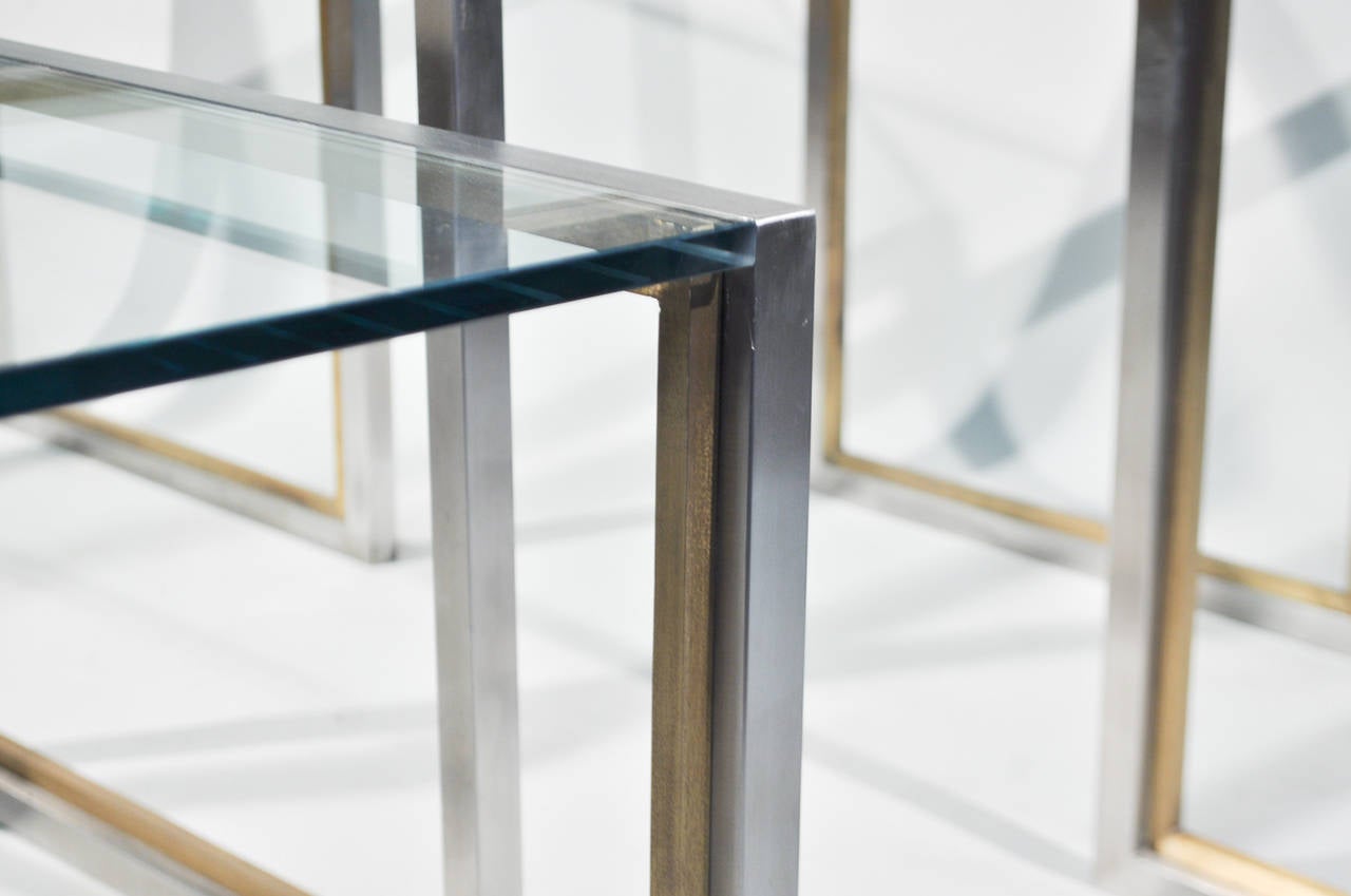 American Set of Modern Brushed Steel and Brass End Tables For Sale