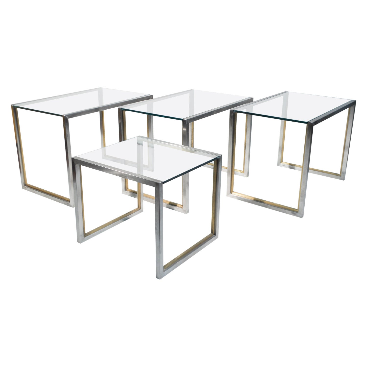 Set of Modern Brushed Steel and Brass End Tables For Sale