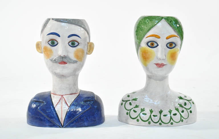 Horchow bust planters/vases, two, ceramic with hand-painted decoration, 1960s, man and woman, One is signed with stamped 
