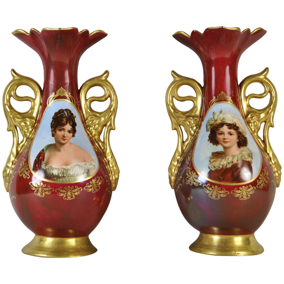 Pair of KPM Porcelain Portrait Vases For Sale