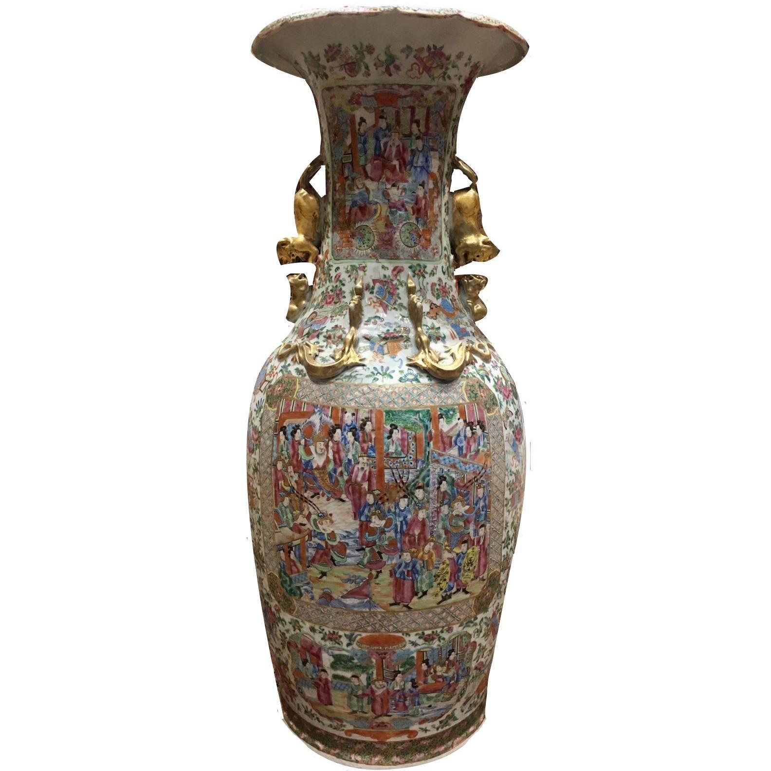 19th Century, Chinese Single Large Canton Vase with Lion Handles
