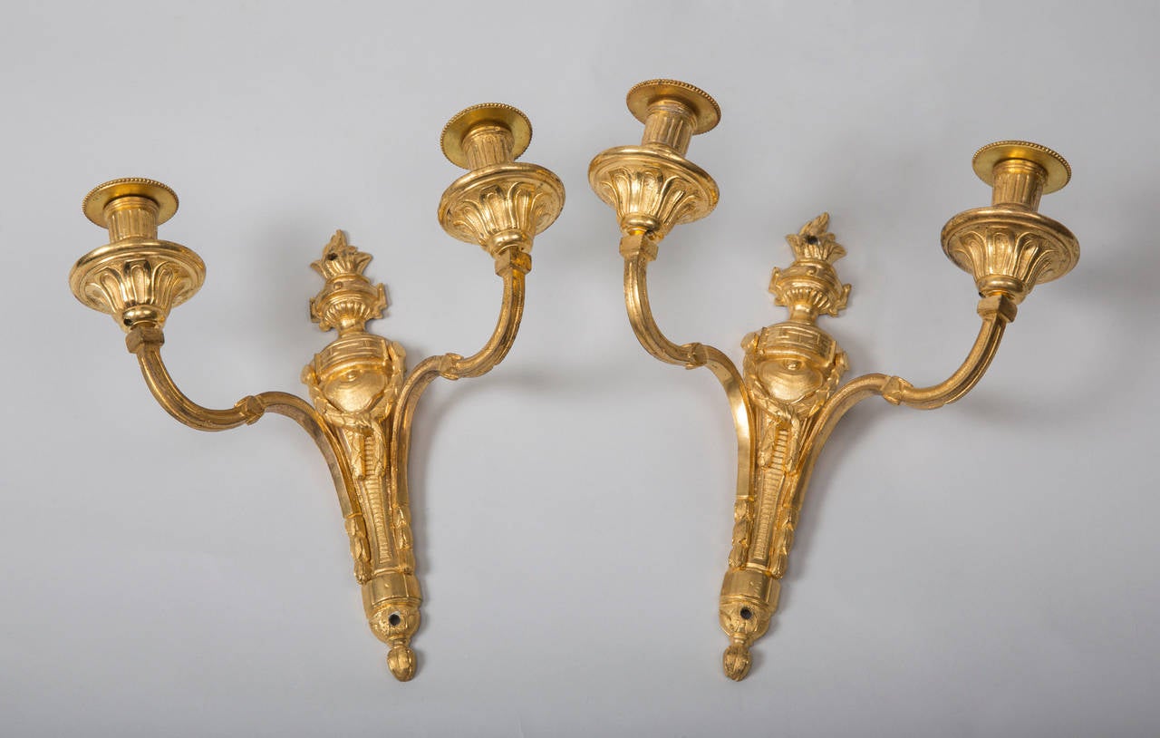 A fine pair of Louis XVI period gilt bronze sconces with draped swags surmounted by an urn.

French work of the late 18th century
