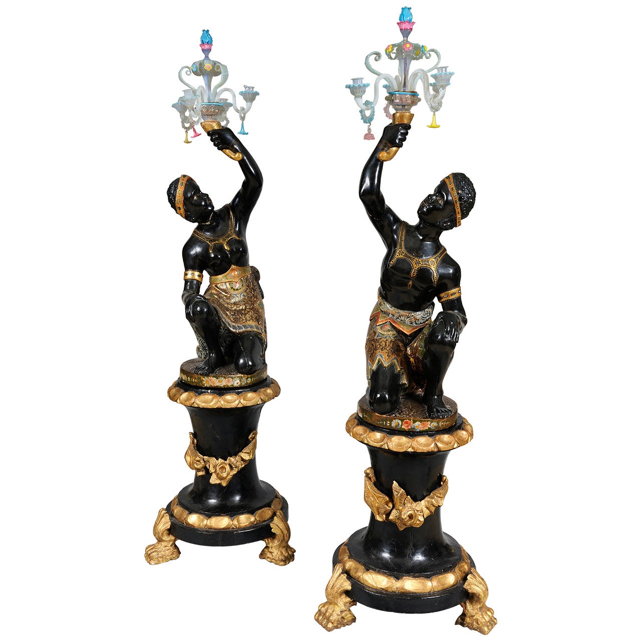 Exceptional Venetian Nubian Torcheres in Painted Wood For Sale
