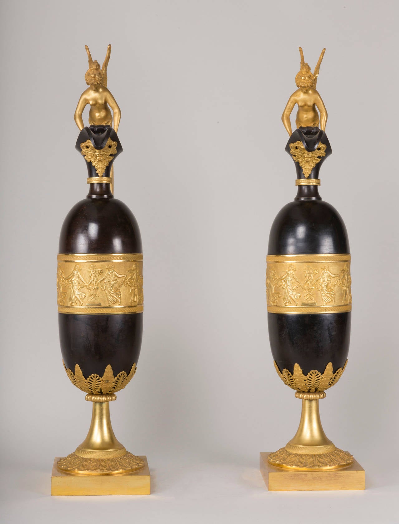 Exceptional Pair of Ewers in Patinated Bronze Attributed to Claude Galle