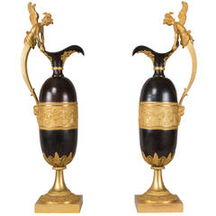 Exceptional Pair of Ewers in Patinated Bronze Attributed to Claude Galle