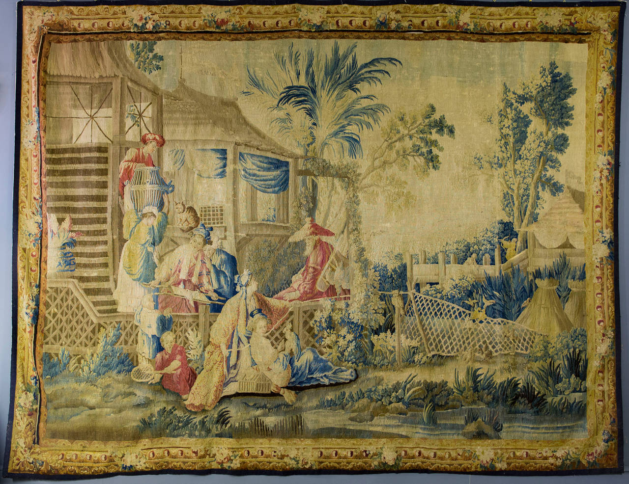 Aubusson tapestry with Chinese decor and its edging.

Dimensions: 280 x 380 cm.