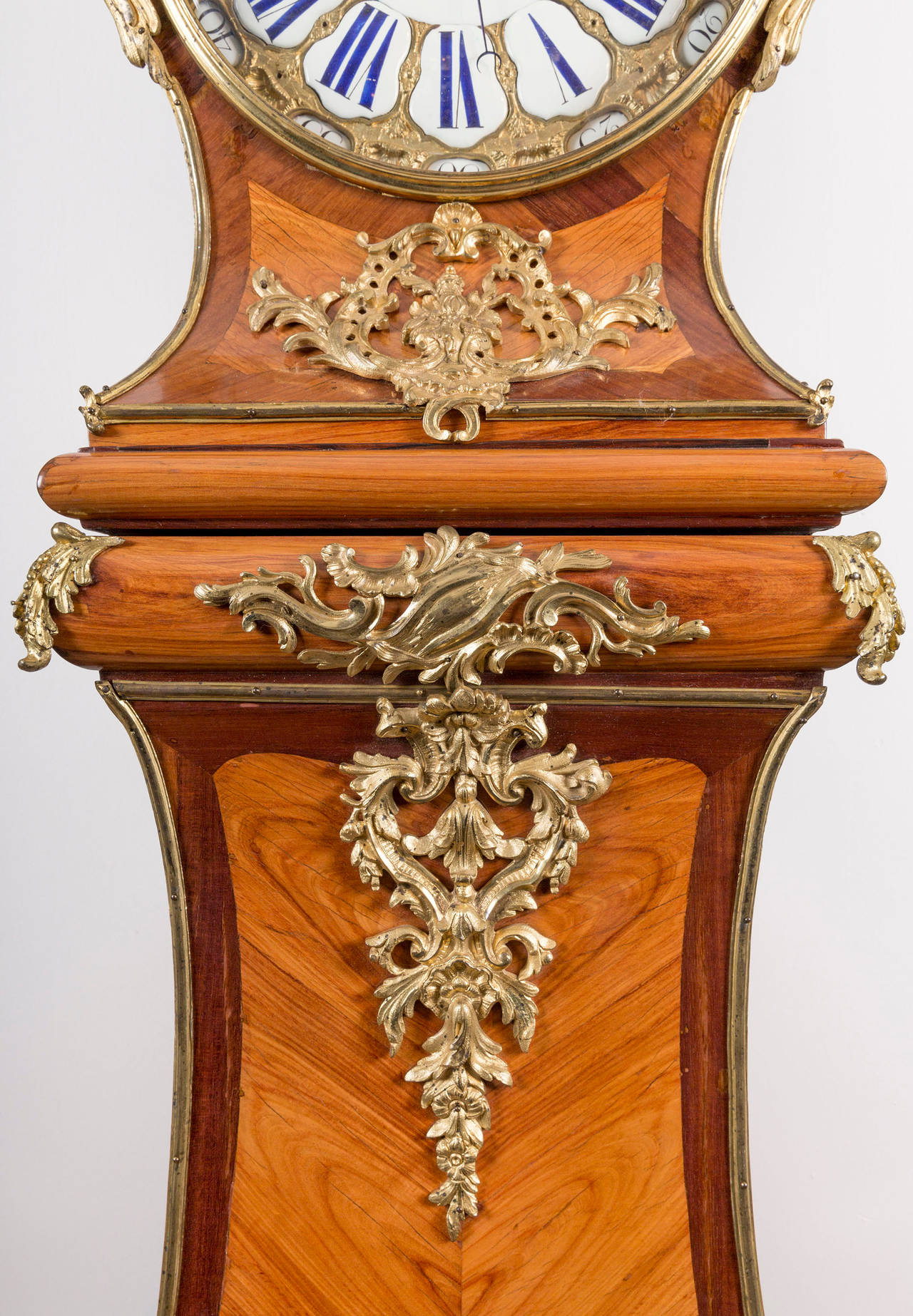 Exceptional French Louis XV Rosewood and Tulipwood Tall Case Clock For Sale 1