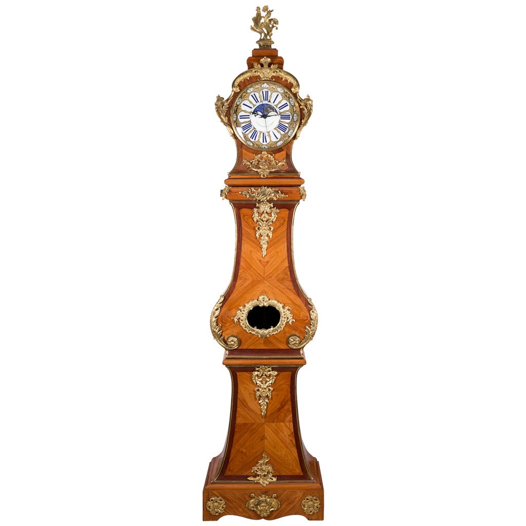 Exceptional French Louis XV Rosewood and Tulipwood Tall Case Clock For Sale