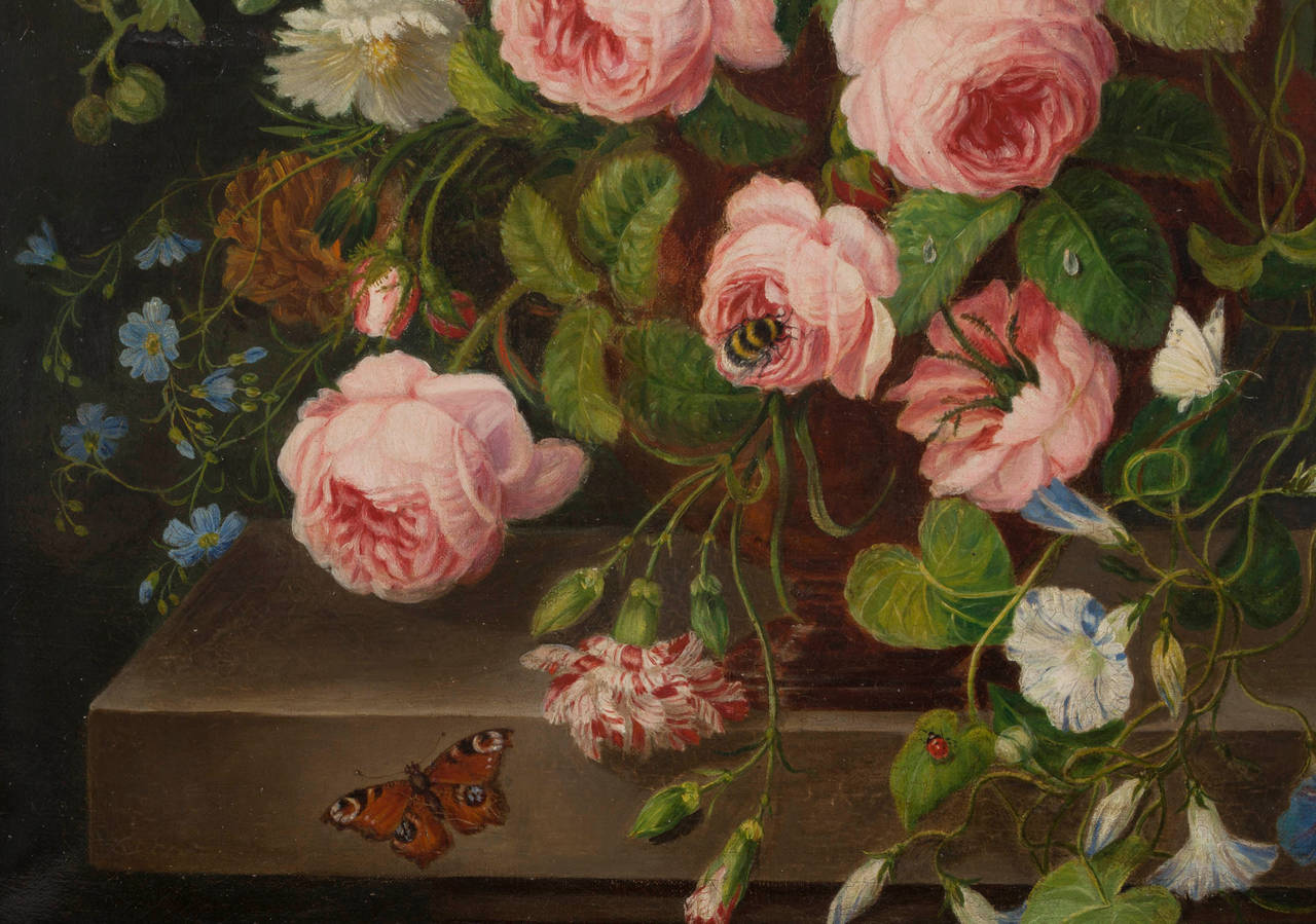 Still Life, Flower Bouquet with Lizard and Butterfly, Oil on Canvas In Excellent Condition In Paris, FR