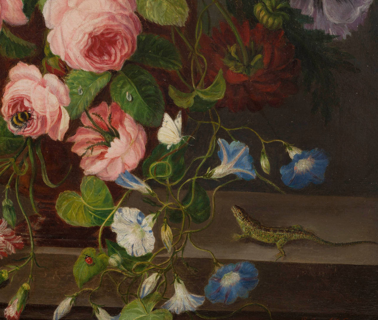 French Still Life, Flower Bouquet with Lizard and Butterfly, Oil on Canvas