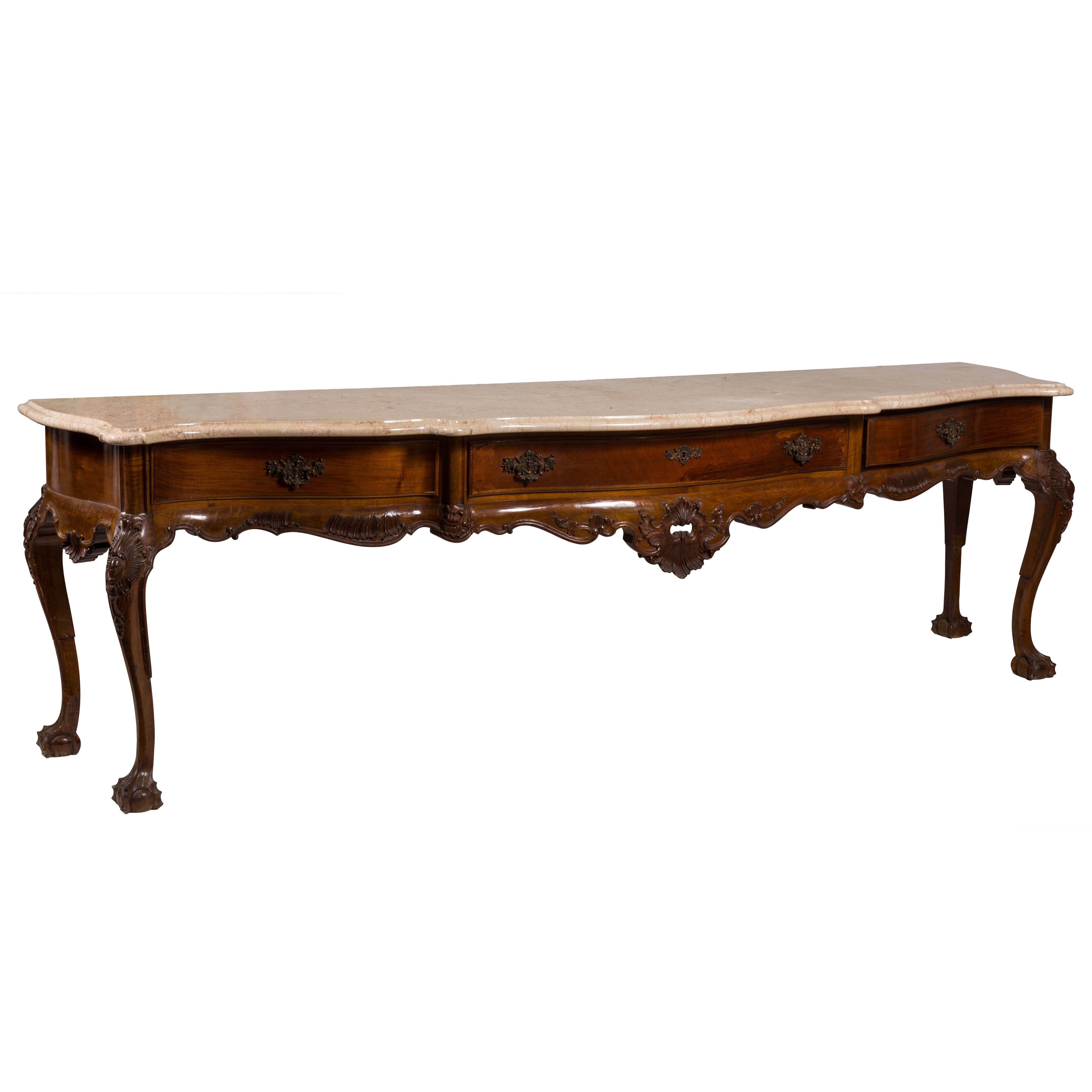 Very Large Console Table in Solid Mahogany with Marble Top For Sale