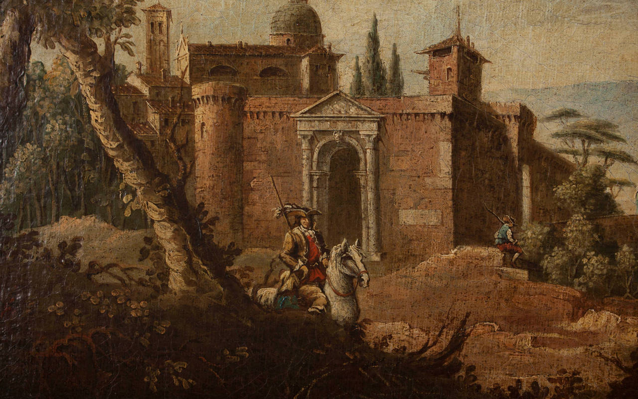 Landscape with castle, horseman and bridge.
Oil on canvas.
Entourage of Marco Ricci (1676-1730)