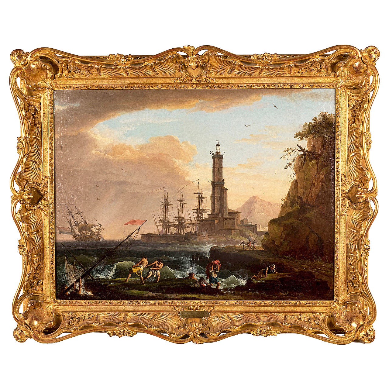 "Marine, Nightfall on a Mediterranean Port" Painted by Lacroix De Marseille For Sale