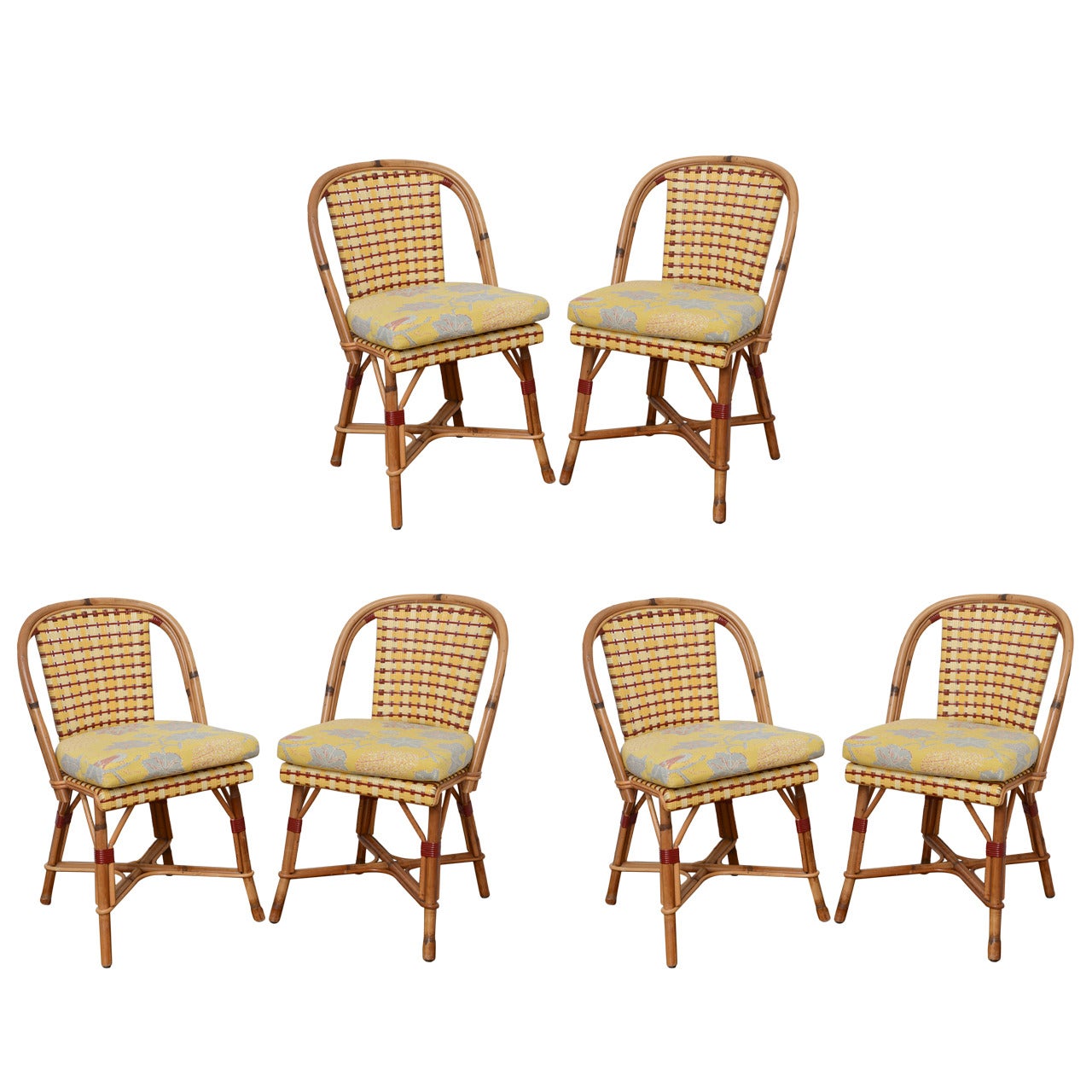Set of Six French Rattan and Caned "Alma" Cafe Chairs by Maison Drucker