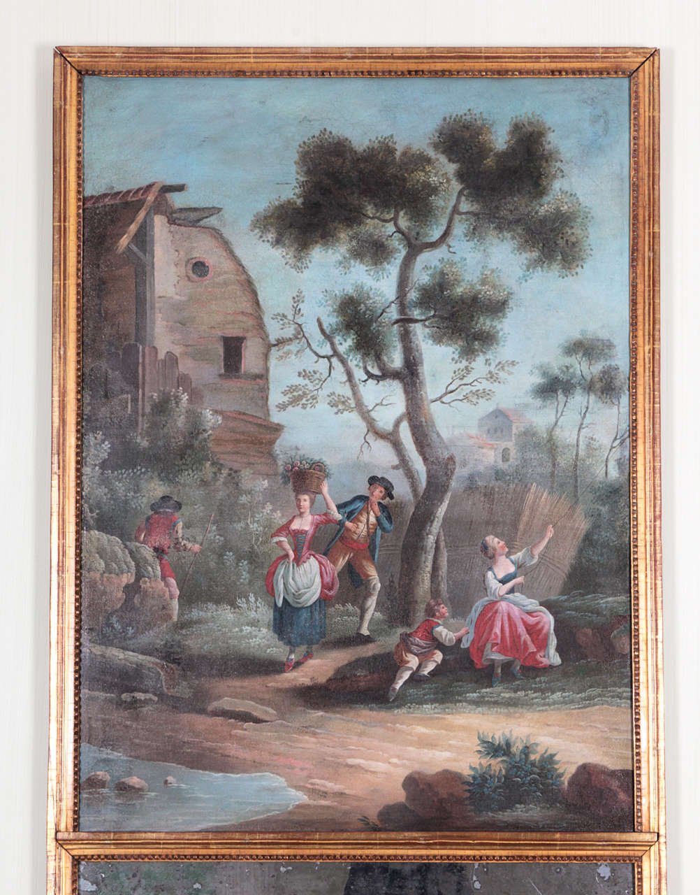 Each inset with canvas panel painted with charming pastoral scene with 18th century figures frolicking in a bucolic landscape; the mirror plate with oxidation (note mirror plate is also reflecting contents of room in photos - it is more evenly and