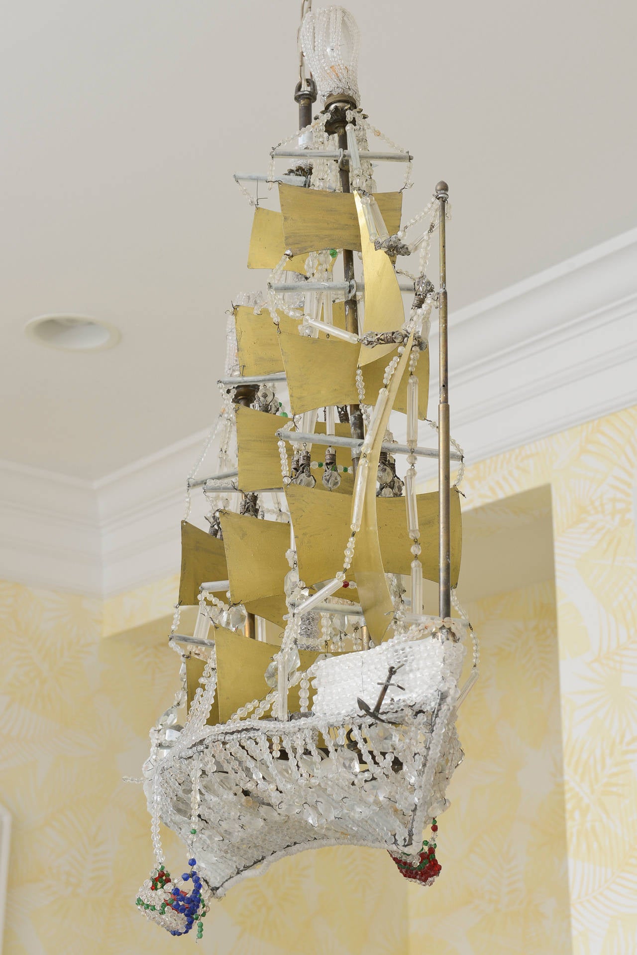 Crystal-Beaded and Brass Galleon Ship Chandelier In Good Condition In New York, NY