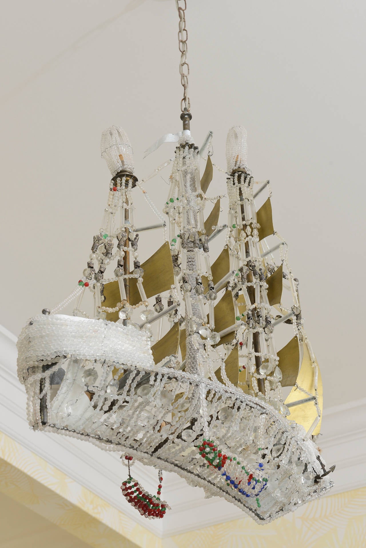20th Century Crystal-Beaded and Brass Galleon Ship Chandelier