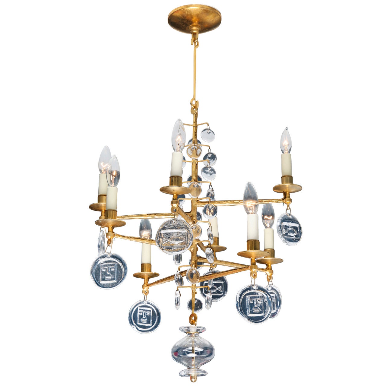 Swedish Gilt Iron and Glass Chandelier by Erik Hoglund