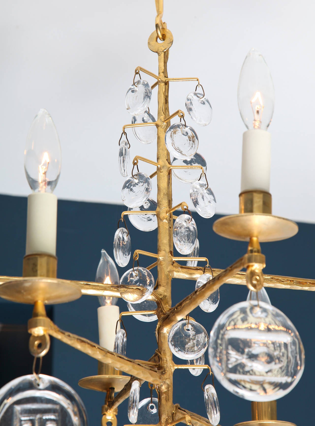 Mid-20th Century Swedish Gilt Iron and Glass Chandelier by Erik Hoglund