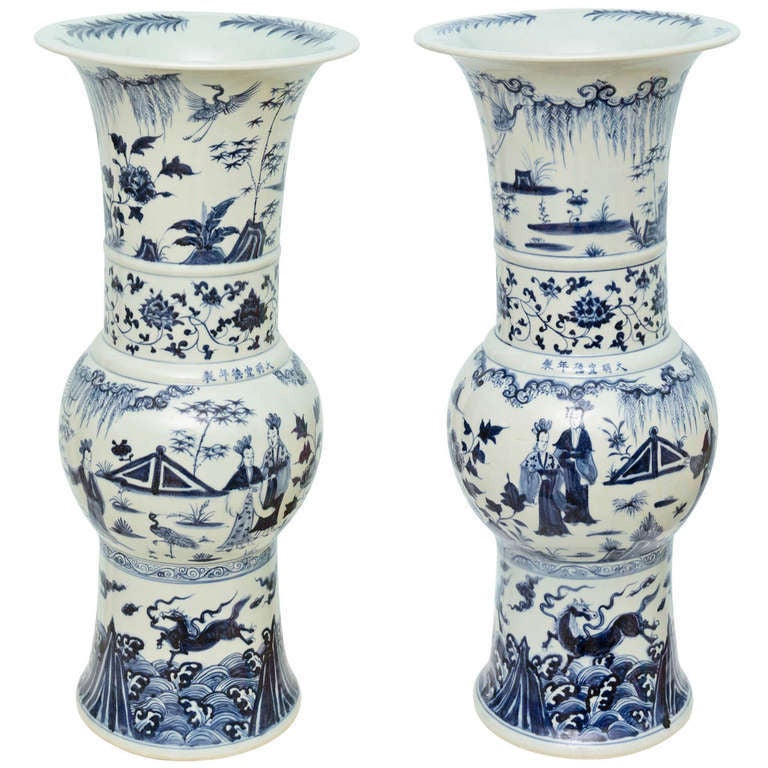 Large Pair of Chinese Porcelain Blue and White Beaker Vases