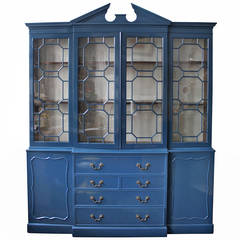 Antique Blue Lacquer Chippendale Style Mahogany Breakfront Bookcase