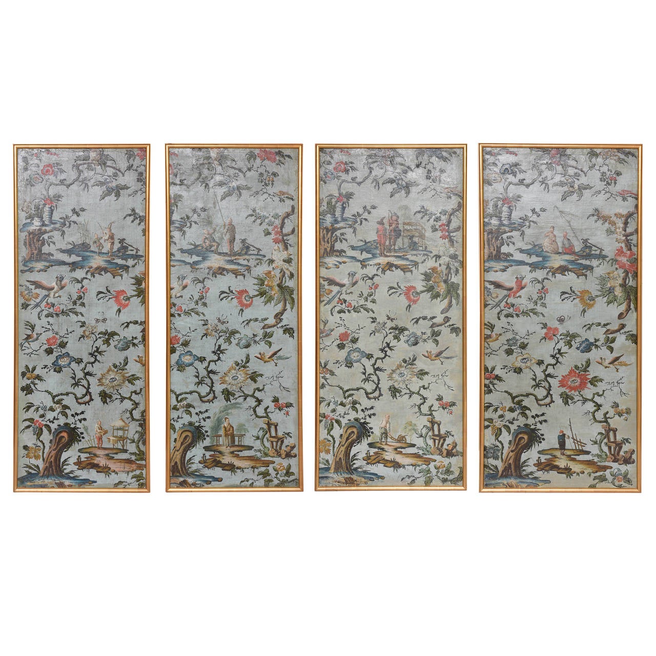 Set of Four 18th Century Italian Chinoiserie Oil on Canvas Paintings